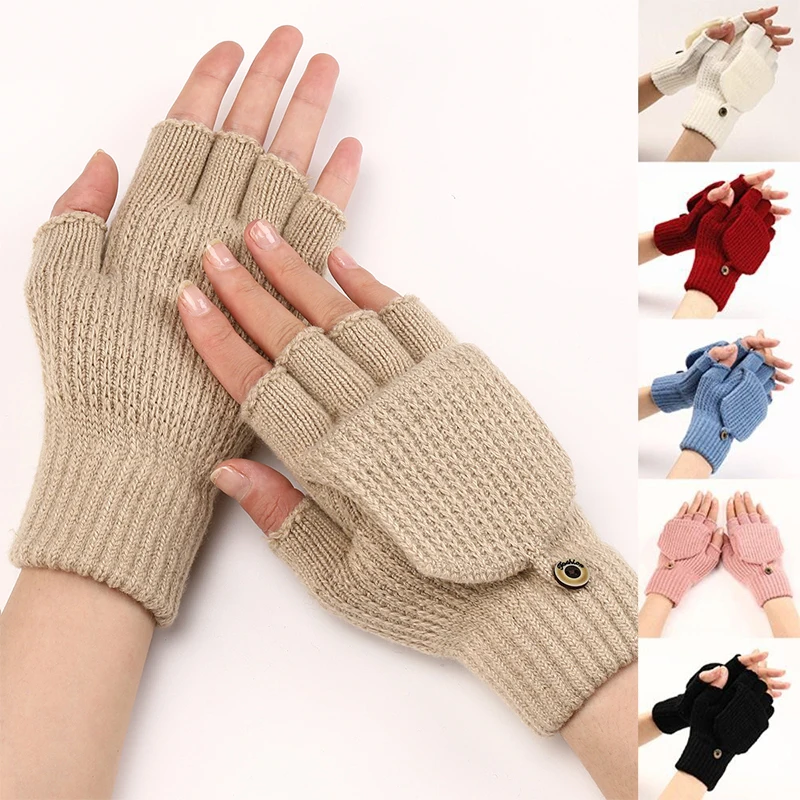 New Striped Flip Wool Warm Gloves Half Finger Men's And Women's Autumn And Winter Students Writing Open-finger Knitted Gloves