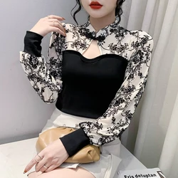 Fall Winter Vintage Clothes T-Shirt Fashion Sexy Hollow Out Stand Collar Button Beads Patchwork Women Tops Puff Sleeve Tees 9284