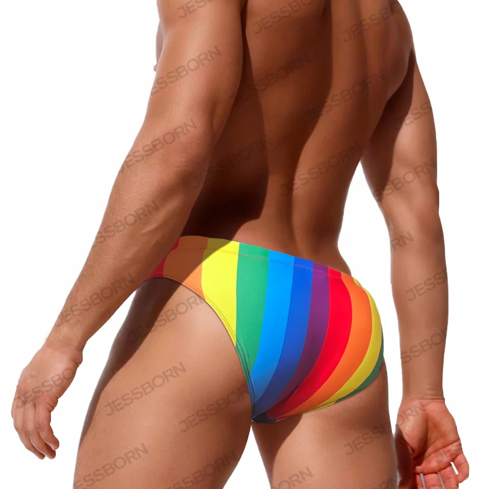 2026 Swimming Pants Men's Rainbow Pinstripe Swimming Pants Professional Hot Spring Low Waist Fashion Pants 10114-10030