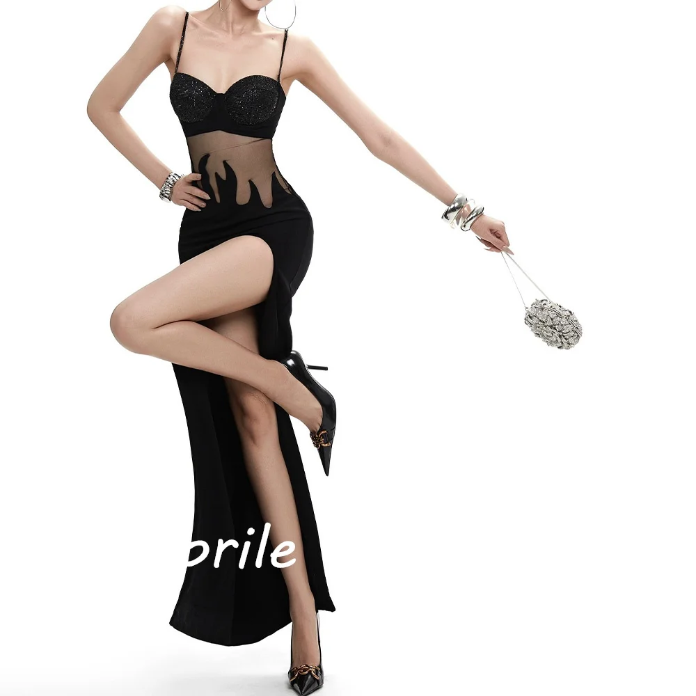 Strapless Spaghettibandjes Met Lovertjes Doorzien Mouwloze Schede Split Enkellengte Jersey Rugloze Avondjurken Aangepast Formaat