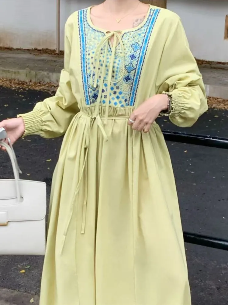 봄 여름 긴팔 드레스 여성 꽃 자수 보헤미안 여성 드레스 캐주얼 루즈 신상 비치 여성 롱 드레스 2026