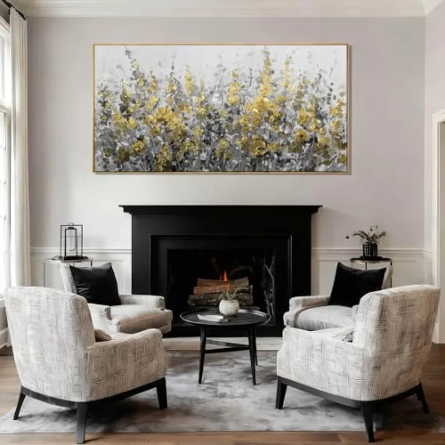 Living room bedroom office decor: gold and grey abstract flower canvas wall art, textured floral painting, 24x48 inch, modern d view 6