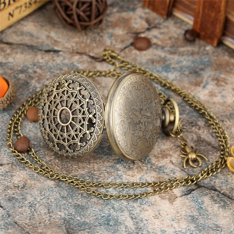 Bronze Hollow Out Spider Web Design Retro Quartz Analog Pocket Watch Sweater Necklace Chain Arabic Number Timepiece Clock Gift