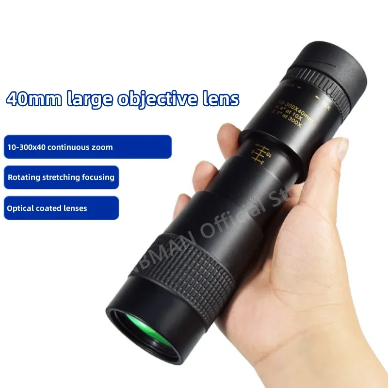 

10-300x40 Monocular Telescope Compact Telescopic Zoom Waterproof Bak4 Professional HD ED Glass with Tripod Phone Clip