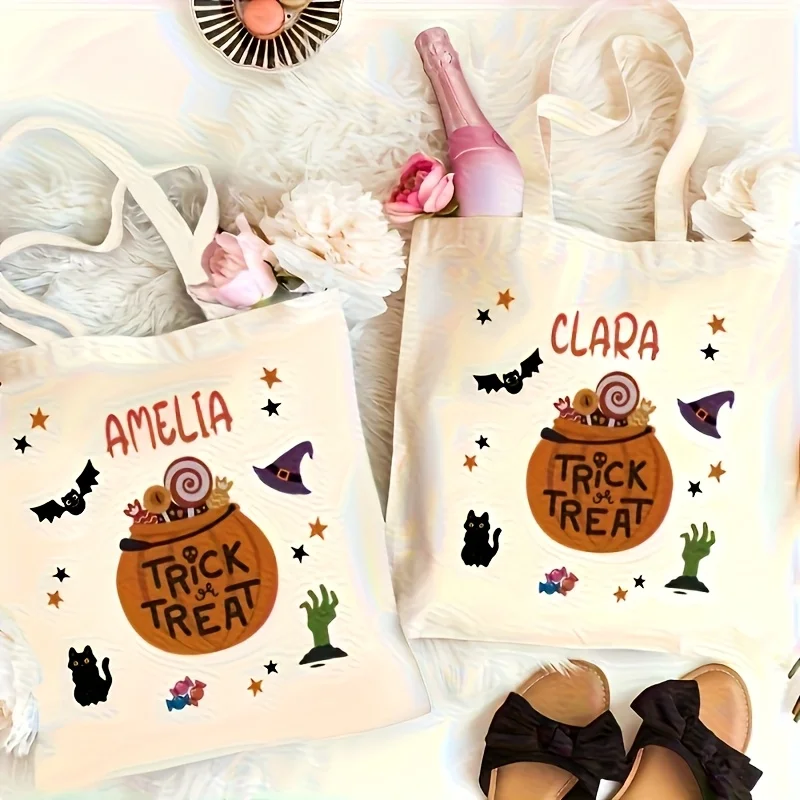 

Custom Halloween "Trick Or Treat" Tote Bag - Personalized Pumpkin And Bat Design - The Perfect Choice for Candy Collectors