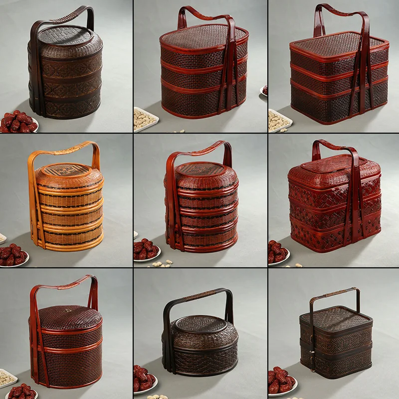 

Bamboo Picnic Basket with Lid Multi-Layer Food Carrier for Wedding Fruit and Snack Storage Hamper Natural Bento Box with Handles