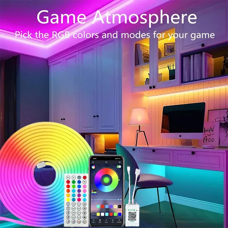 

24V RGB LED Neon Rope Light APP & Remote Control Music Sync Flexible Waterproof Strip for Gaming Room Party Home Decoration