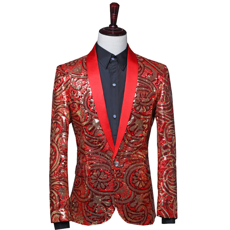 Fashion Men Luxury Sequin Blazer Jacket Red / Blue / Golden 2024 New Male Prom Party Groom Wedding Dress Suit Coats