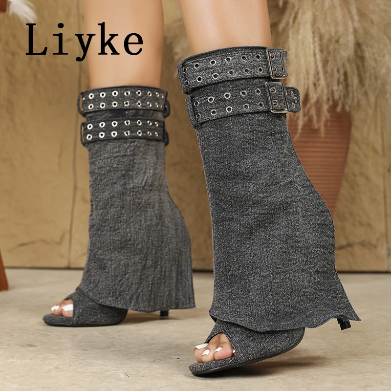 

Liyke, осенне-зимние модные ботильоны с открытым носком и пряжкой на ремне для женщин, джинсовые туфли на тонком высоком каблуке, вечерние туфли для выпускного вечера, короткие Botas Mujer