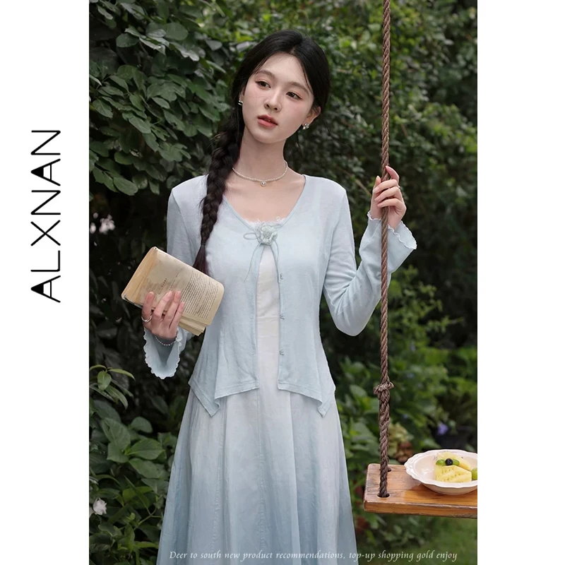 

ALXNAN Blue Long Sleeve Cardigan Elegant Thin 3D Flower Front Placket Irregular Hem Top Slim-fit Casual Fashion Tops DYL662685