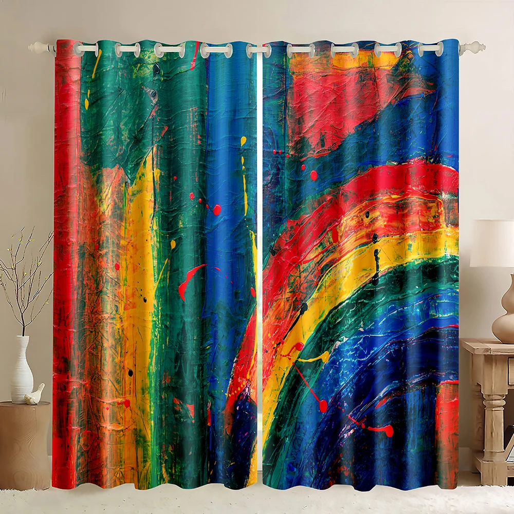 

Ink Painting Blackout Curtain,Rainbow Colors Multicolored Oil Painting Style Ink Dots,Creative Graphic Art Design Window Curtain