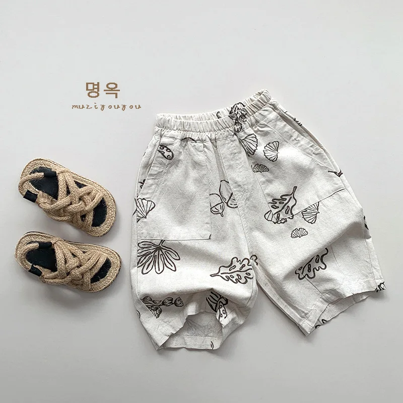 

HZMY-Hemp Printing~Natural Casual Pants Children's Summer Cotton Linen Capri Pants Boys and Girls Baby Personality Fashion Child