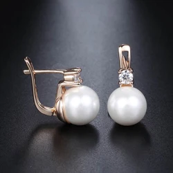 White Pearl Stud Earrings For Women 585 Rose Gold Color Paved Cubic Zirconia Girl Earring Wedding Fashion Jewelry Gifts DGE128