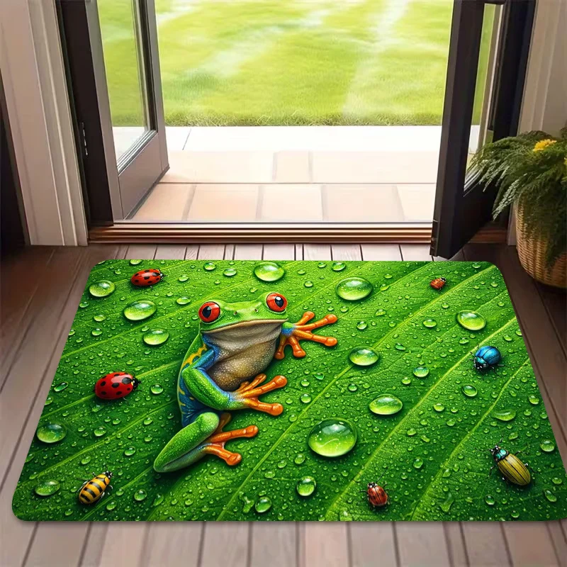 1pc, 2D Flat Printing, Green Frog Beetle Welcome Mat, Colorful Non-Slip, Machine Washable Polyester Carpet, Suitable for Home
