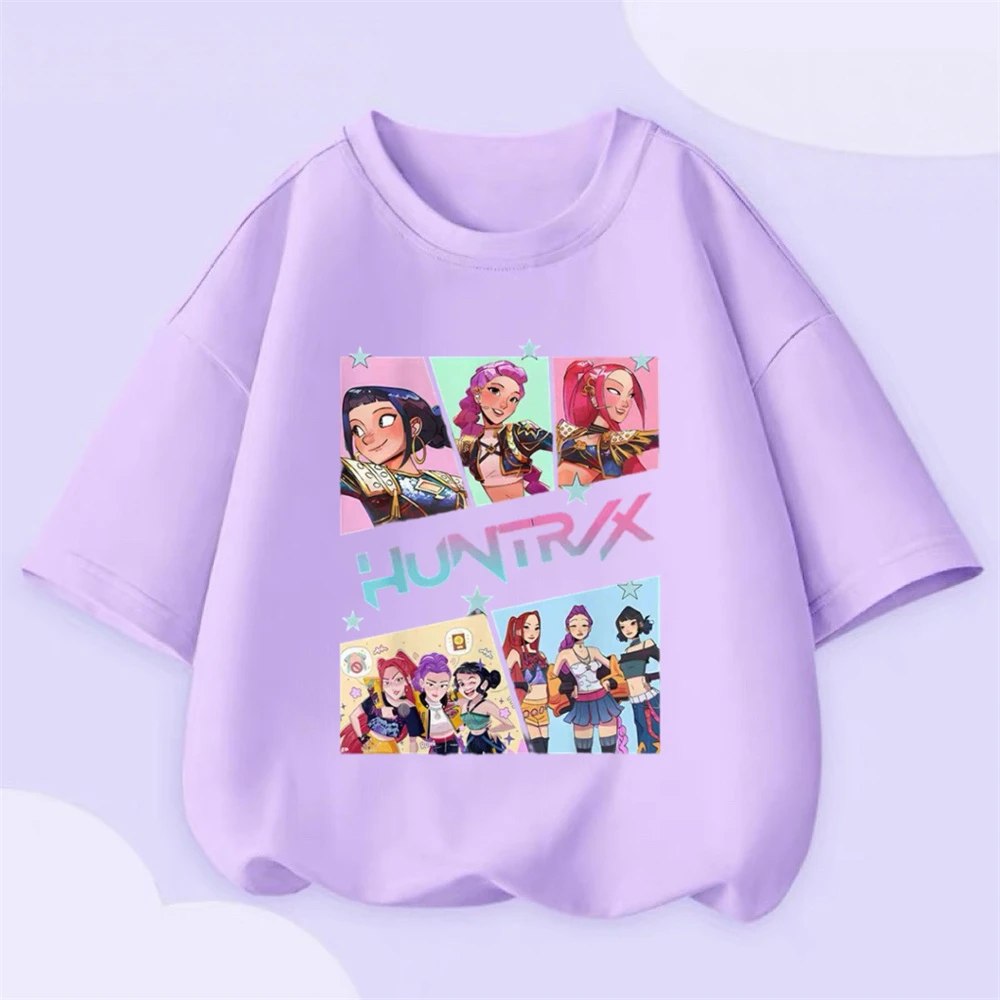 Kpop الفتيات ملابس الصيف الأرجواني تي شيرت قصير الأكمام بلايز الكرتون المطبوعة Crewneck قاعدة قميص كل مباراة تيز ملابس القطن الخالص