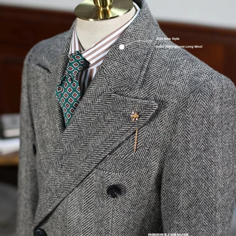 سترة طويلة للرجال باللون الأسود والأبيض بنمط متعرج سترة طويلة للرجال كلاسيكية منقوشة مزدوجة الصدر معطف طويل من الصوف الشتوي #5