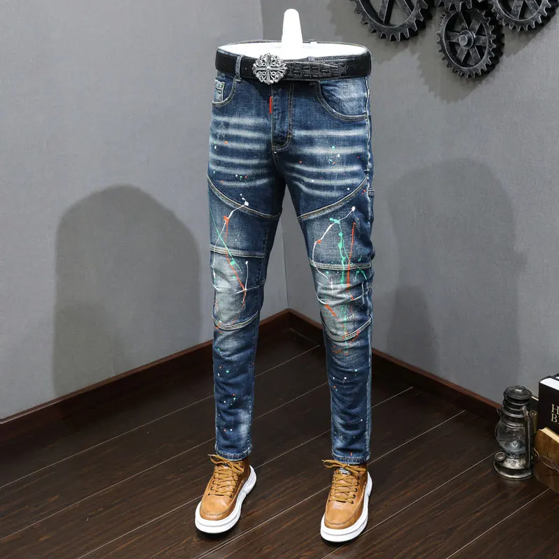 

Street Fashion Men Jeans Retro Washed Blue Stretch Slim Fit Painted Ripped Jeans Men Spliced Designer Hip Hop Denim Pants Hombre