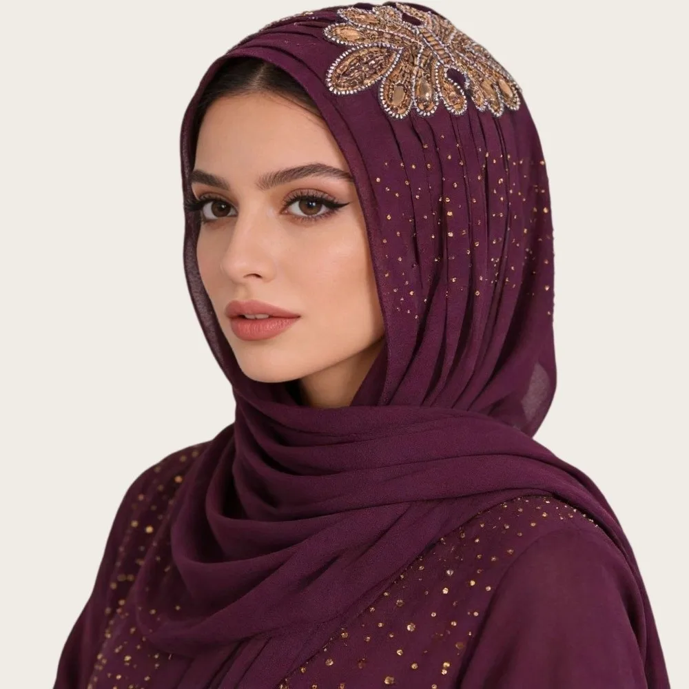Sparkling Shiny Chiffon Hijab Rhinestone Flower Decor Light Luxury Head Wrap Turban Solid Color Breathable Long Scarf Women