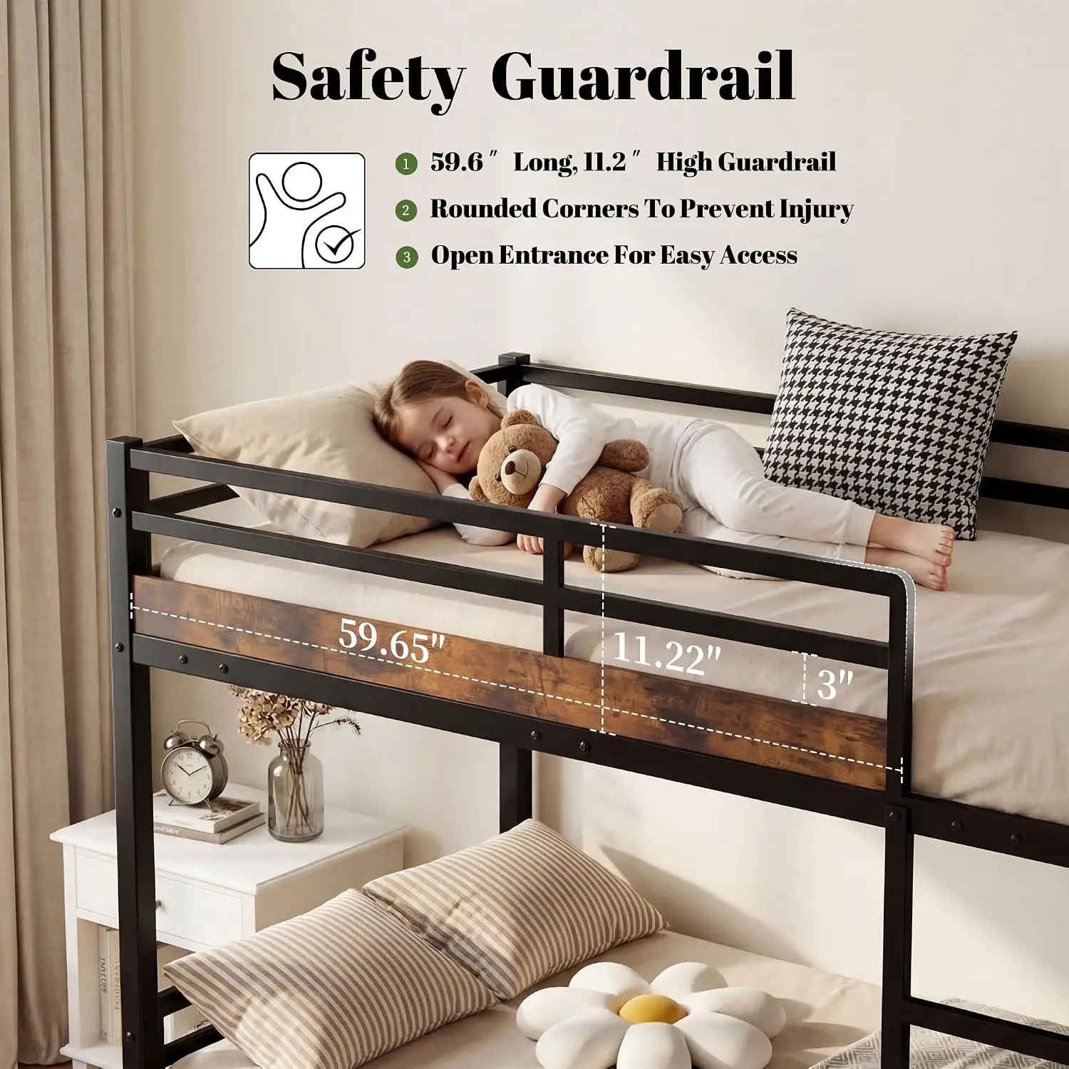 Metal Bunk Bed Twin Over Twin, 500lb Noise-Free with Safety Guardrails & Under Bed Storage, Black Brown, Custom