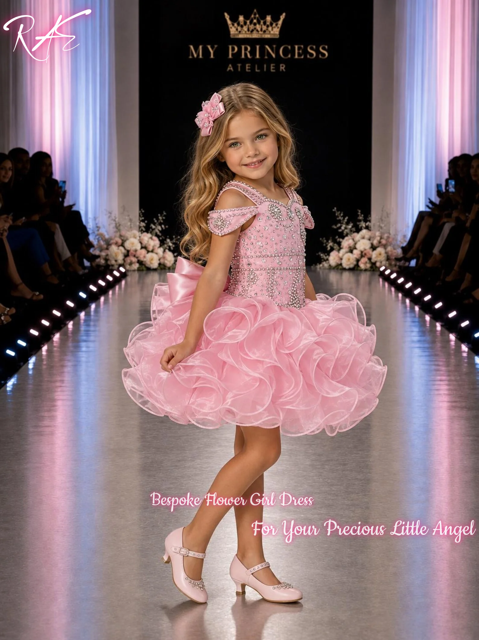 Gorgeous Pink Off Shoulder Rhinestone Tulle Flower Girl Dress For Wedding Birthday Pageant Short Puffy Ruffle Gown Big Bow
