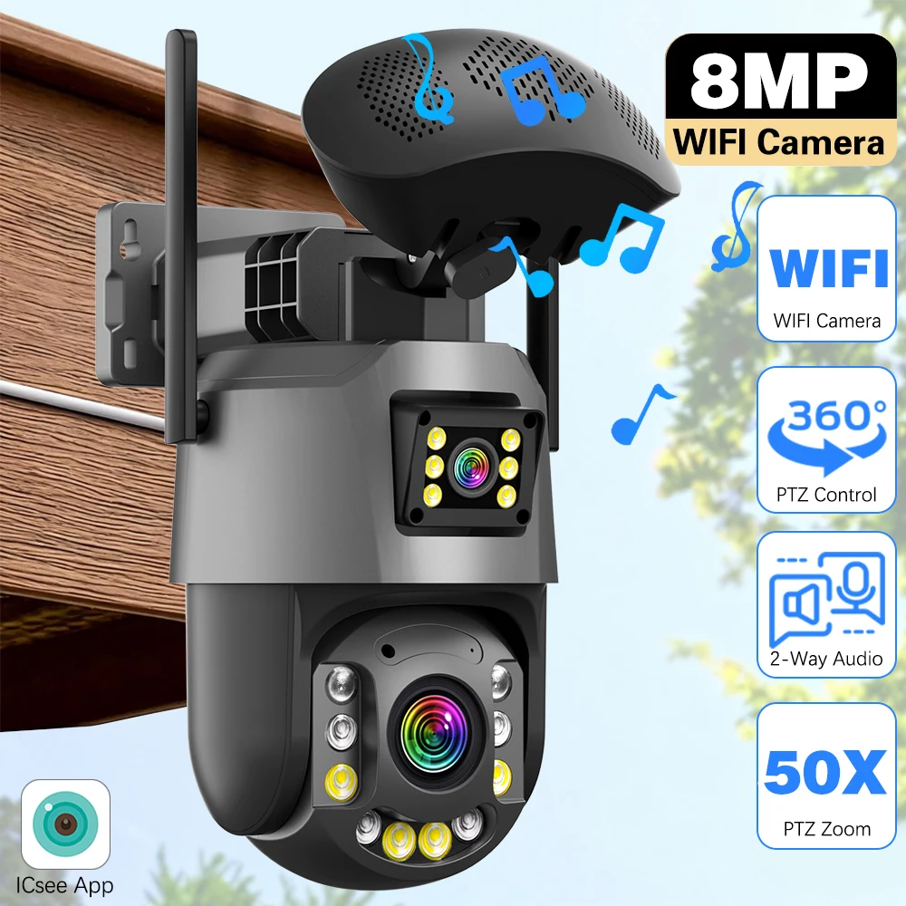 

4K PTZ IP Security Camera Dual Lens Wifi 50X Zoom Outdoor Motion Detection ICsee CCTV Surveillance Camera With Bluetooth Speaker