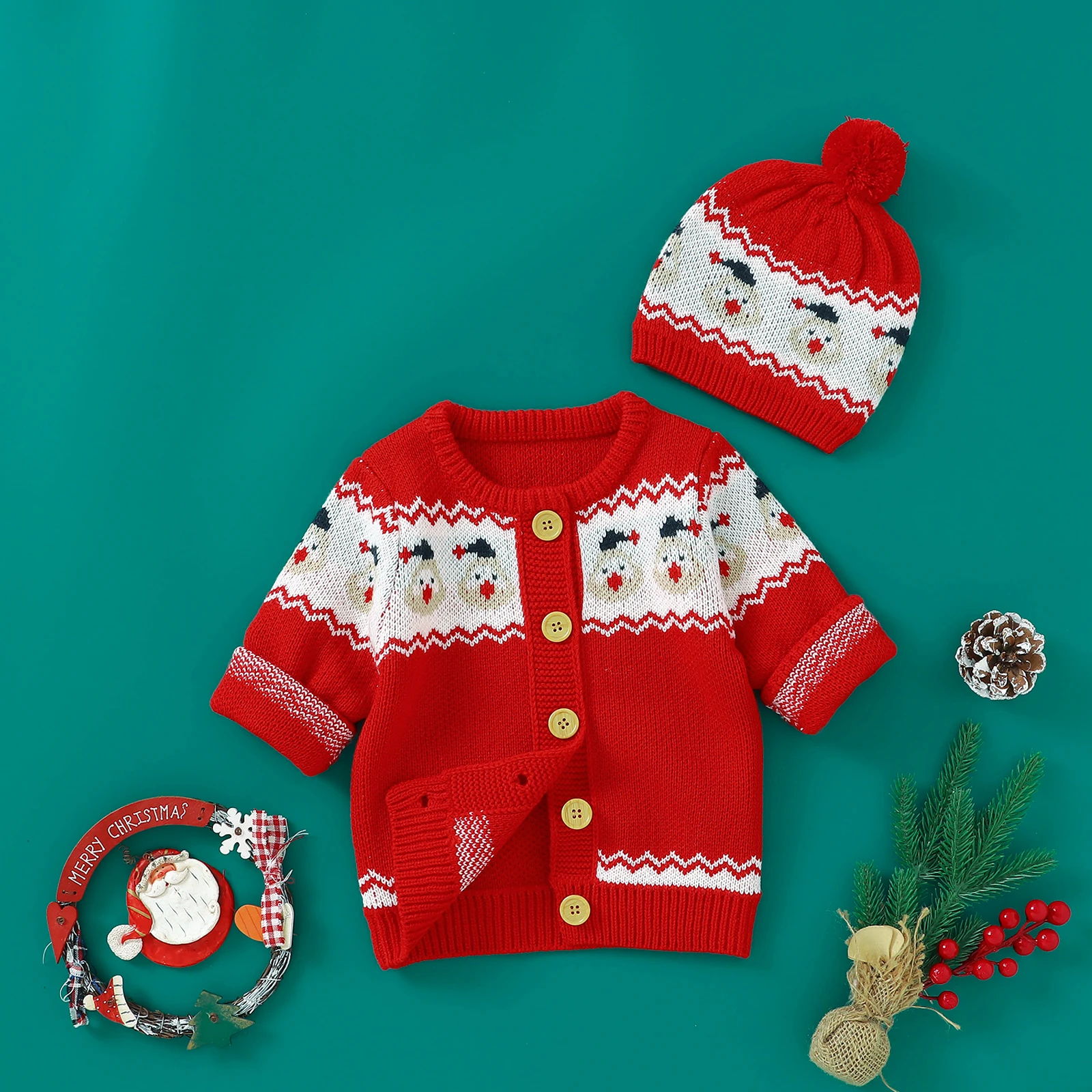 

Christmas Baby Sweater Hats Knit Newborn Child Clothes Set Cute Cartoon Tops 2pcs Outerwear Infant Boy Girl Cardigan Long Sleeve
