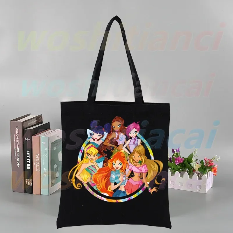 Winx Butterfly Fairy Harajuku Fashion Shopping Black Bags Canvas Tote Bag Mom Reusable Cloth Bag Handbag Shoulder Bags