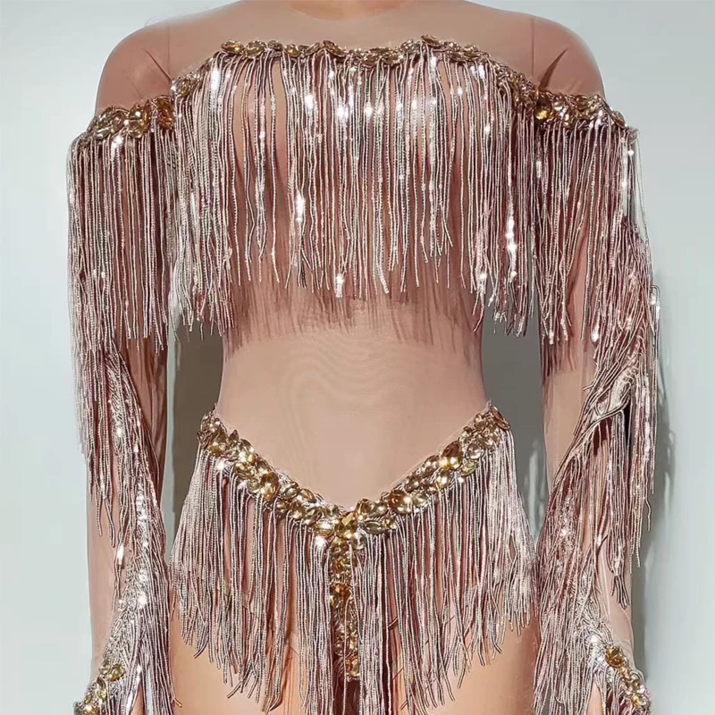 عرض ارتداء سحب الملكة الزي مثير جوجو راقصة زي المرأة Godl الراين مهدب ارتداءها ملهى ليلي القطب ملابس الرقص