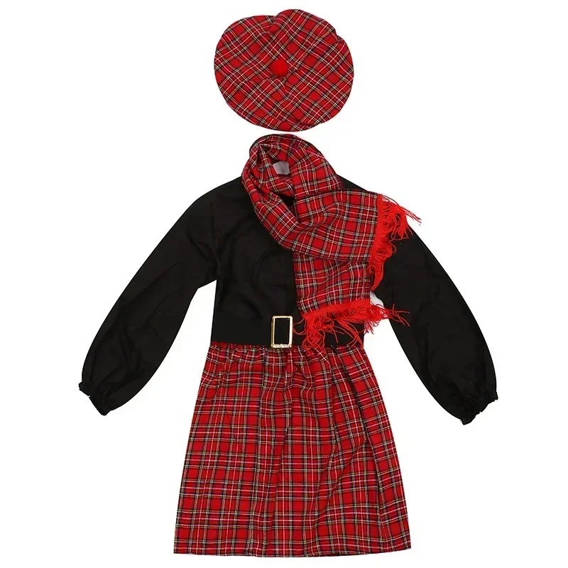 HN8 Kids Schotland Jurk Halloween Kostuum Voor Meisjes Jongens Schotten Kilt Carnaval Party Cosplay Festival Geruite Rok Hoed Sjaal) 4Dc