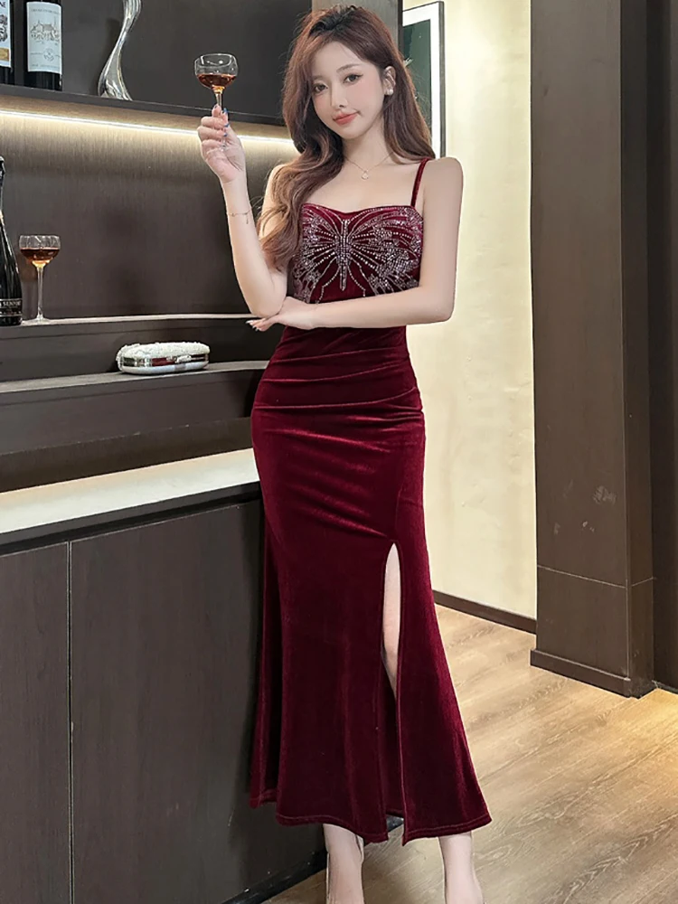 Women Red Velvet Diamonds Butterfly Square Collar Sling Dress 2025 Korean Vintage Luxury Evening Dress Autumn Elegant Prom Dress