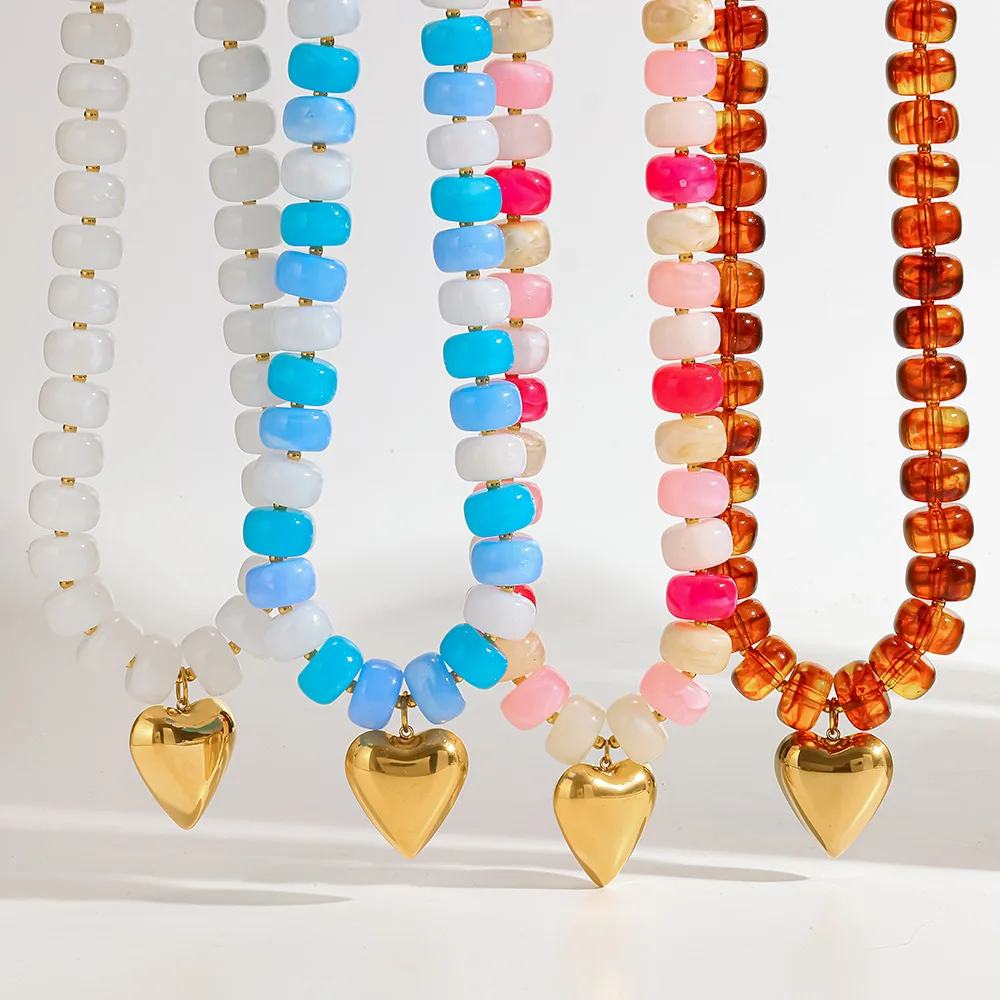 

Women's Stainless Steel Plated 18K Gold Bead Necklace Rainbow Y2K Acrylic Heart Pendant Summer Jewelry Gift