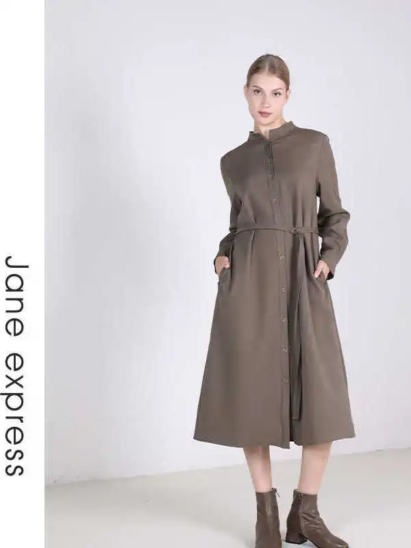 

Jane Expr Simple Commuter Dr Khaki Long Sve round Ne H Version Polyester Fiber Busin Women's Autumn Winter Dr