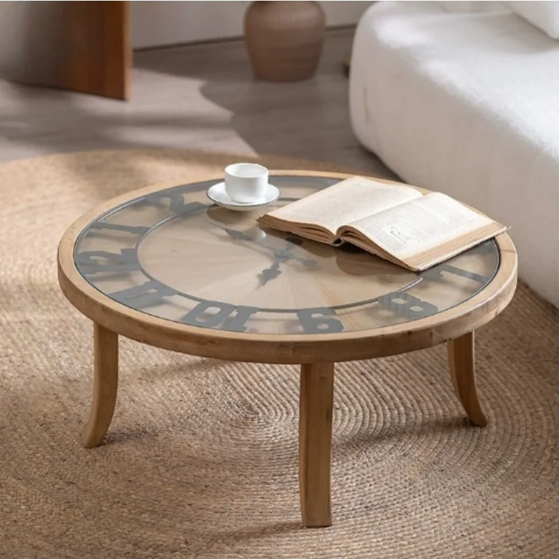 

Medieval style living room creative clock coffee table with glass Japanese solid wood sofa edge few cafe retro small round table