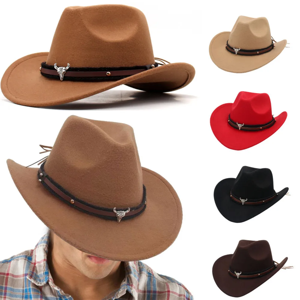 Western Cowboy Hat Outdoor Cowboy Hats Outdoor Wide Brim Hat With Strap Monochrome Felt Hats For Men&Women Cocked Top Hat