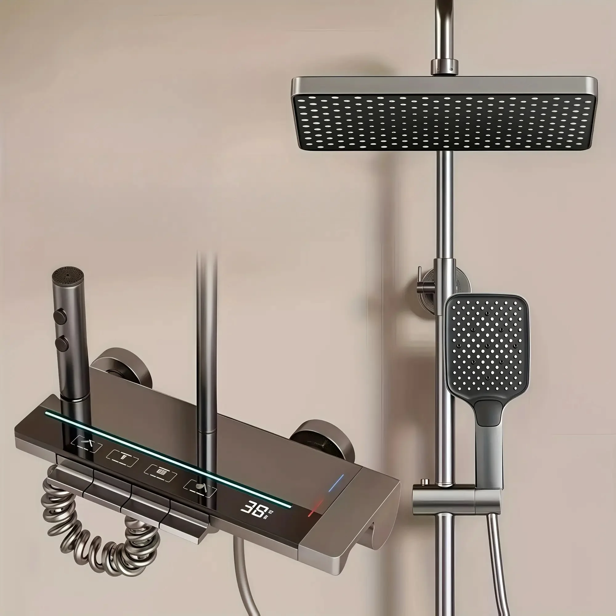 

Luxury Rainfall Shower with Touch-Controlled Digital Display & Shelf – Thermostatic Wall-Mounted Bath Boost