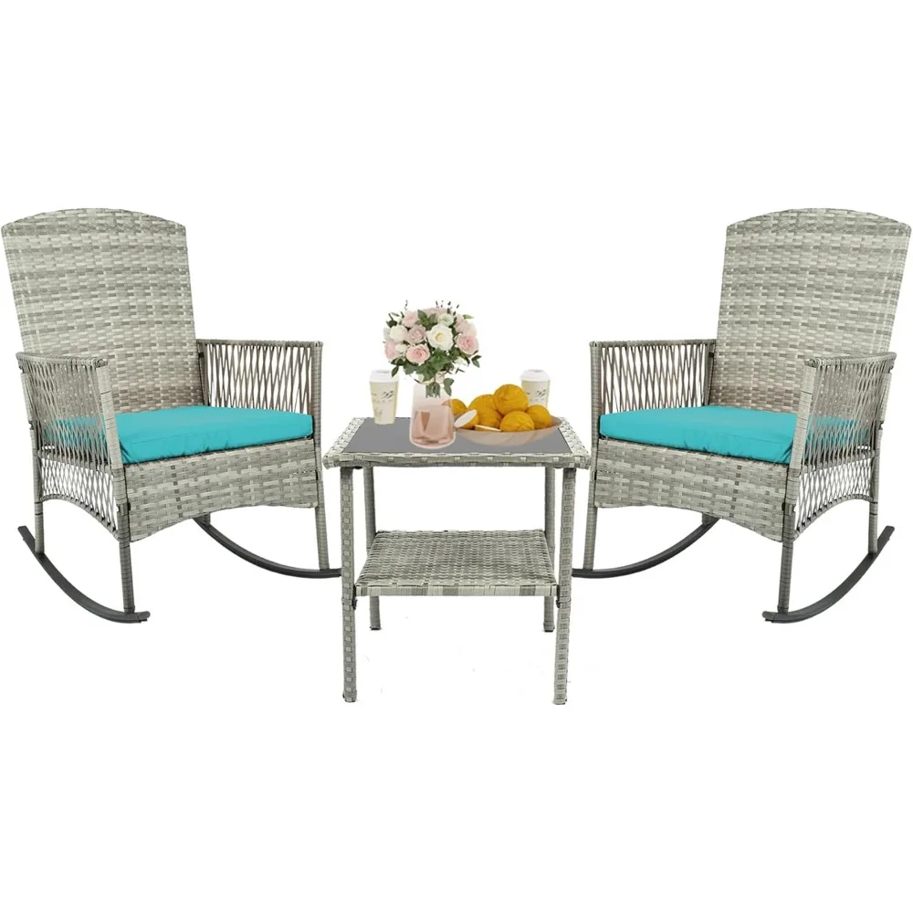 

3 Piece Patio Conversation Set, Outdoor Rocking Chairs Set of 2, Wicker Furniture Set with Glass Top Coffee Table and Cushions