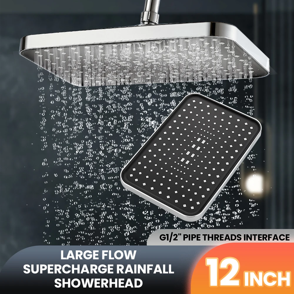 

Rainfall Shower Head Big Panel Large Flow Supercharge Ceiling Mounted Showerhead 360 Rotation High Pressure ABS Bathroom Faucet