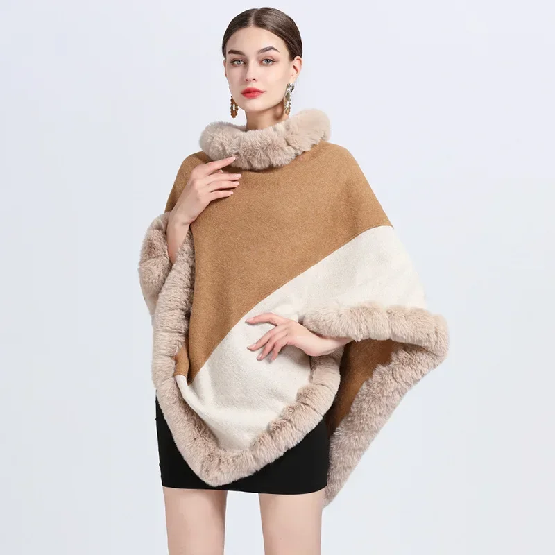 Inverno bege camelo contraste poncho capa de pele de coelho feminino triângulo moda capa solta pullovers outstreet xale casaco