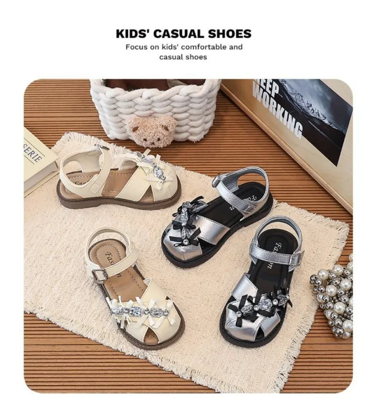 

Girls Crystal Bow Closed Toe Sandals Kids Rhinestone Adjustable Buckle Strap Anti-collision Non-slip Soft Sole Summer Toddler