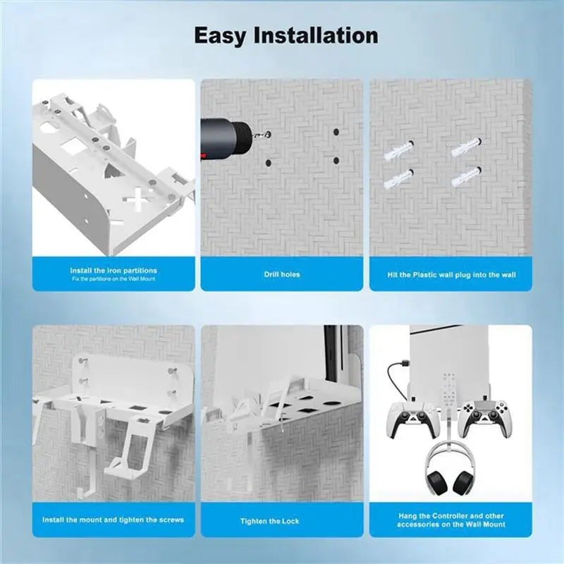 Wall Mount Storage Bracket Space-Saving Stand With Gamepad And Headphone Holder For Sony Playstation 5 Slim White
