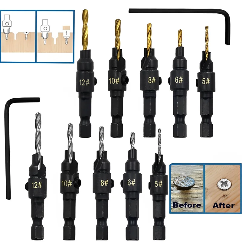 

5pcs Countersink Drill Woodworking Drill Bit Set Drilling Pilot Holes for Screw Sizes #5 #6 #8 #10 #12 Cutter Screw Hole Drill