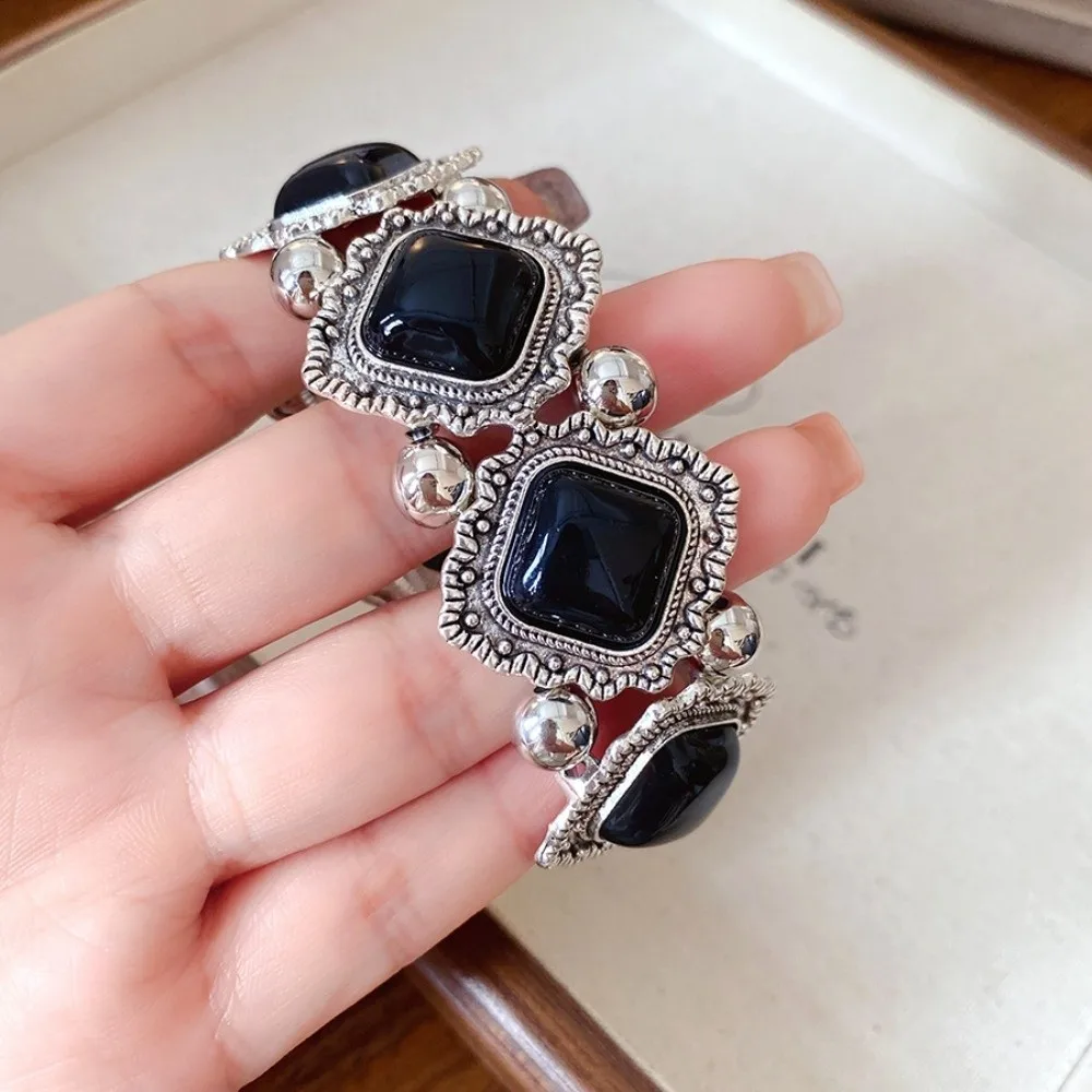 Vintage Bohemian Ethnic Acrylic Bangle Acrylic Exaggerated Irregular Wide Bracelet Elastic Rhombic Patchwork Round