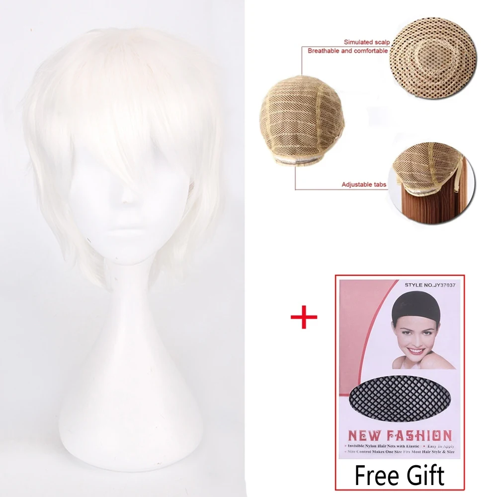 Wig Cosplay Sintetis Rambut Pendek Berbulu Universal 30Cm Hitam Merah Muda Kostum Pelajar Pesta Anime Bernapas Ringan + Topi Wig