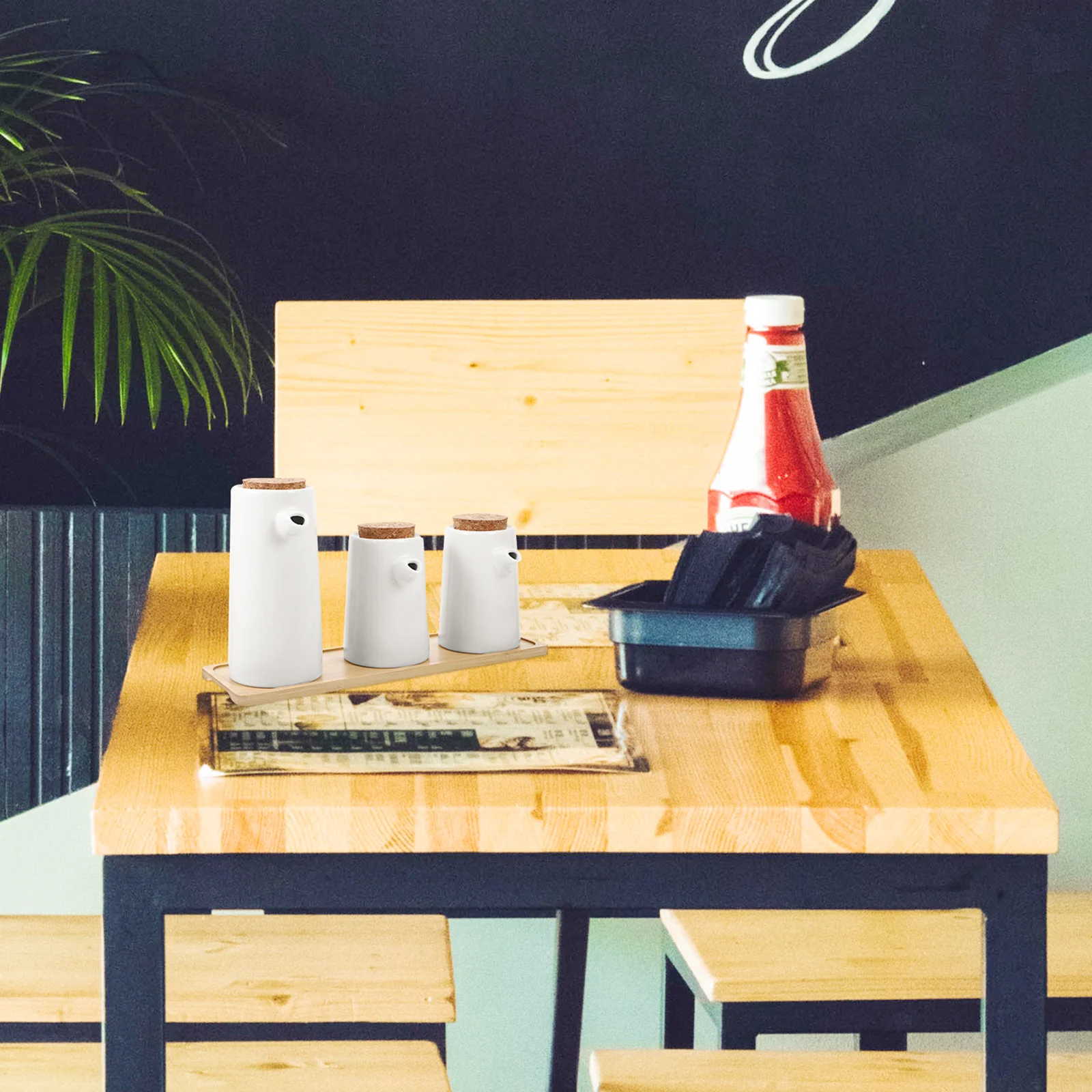 

1 Set Japanese Style Ceramic Oil Vinegar Soy Sauce Dispenser Wood Tray Kitchen Condiment Storage Bottle Holder Household Oil Pot