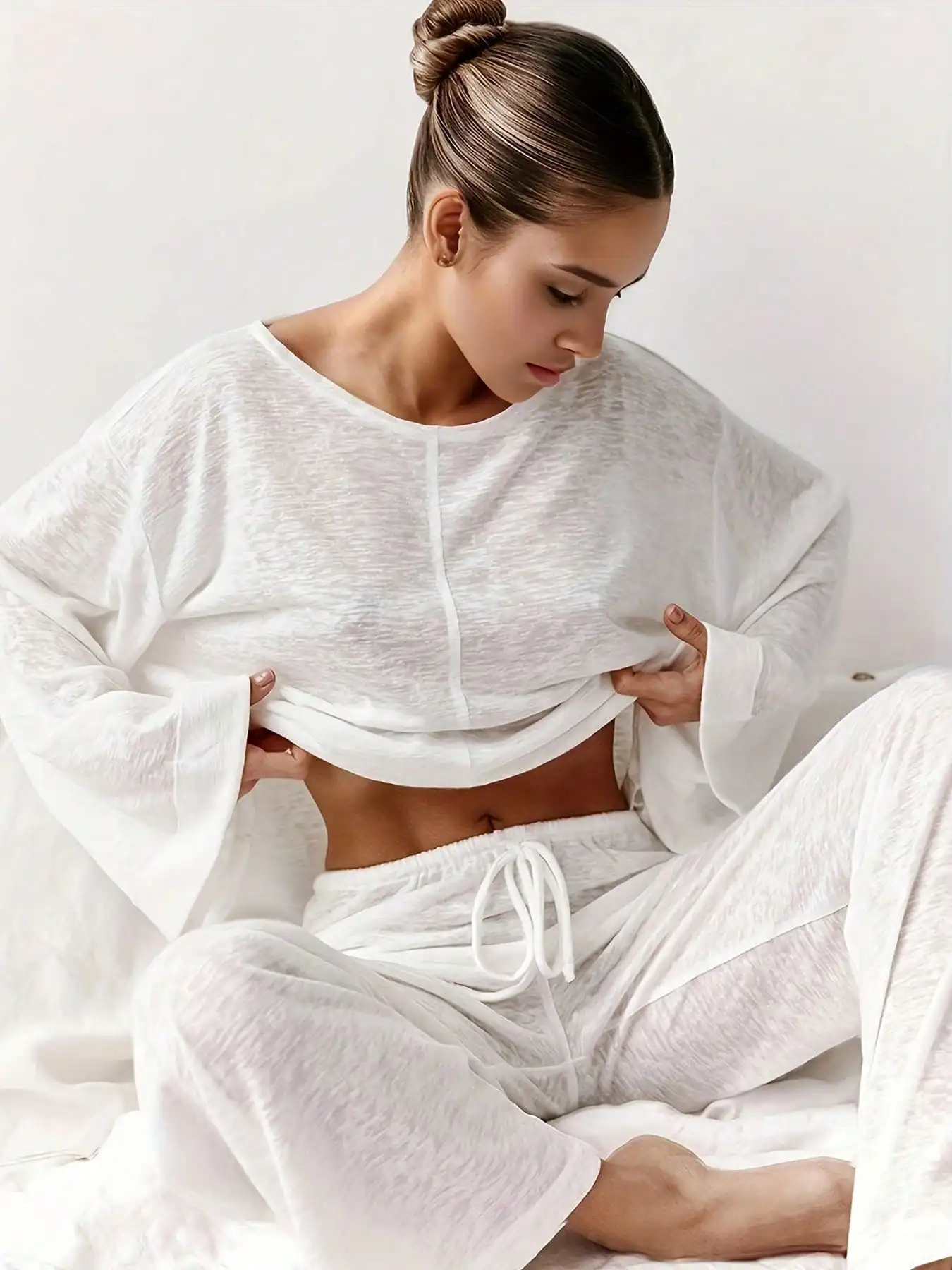 2pcs Women's Sheer Lightweight Sleepwear Set - Round Neck Long Sleeve + Straight Leg Pants, Home/Outdoor