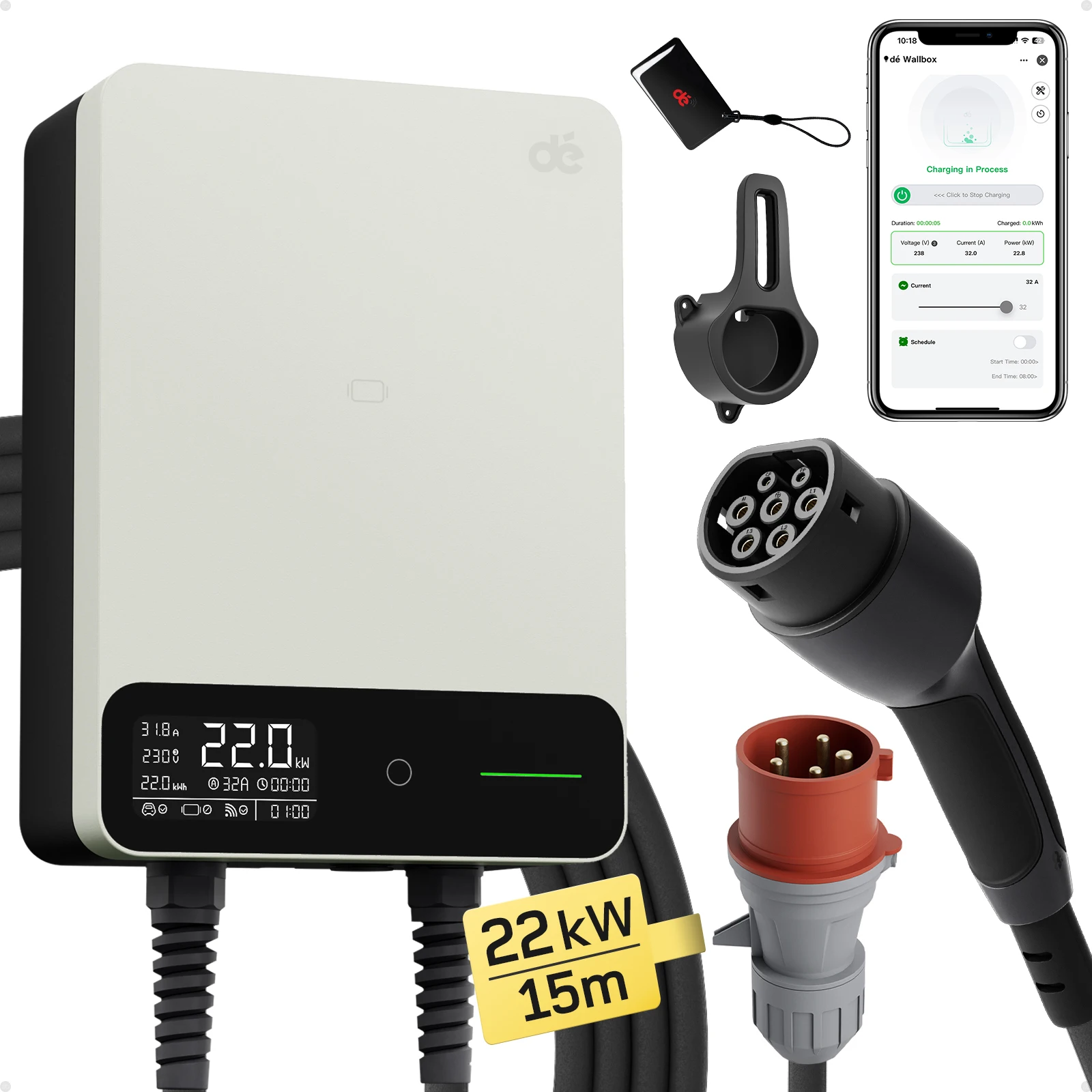 dé Wallbox 22kW 32A met APP, 230V Home oplaadstation, 5m 7,5 m 10m 15m oplaadkabel, CEE naar Type 2 EV oplader Zwart