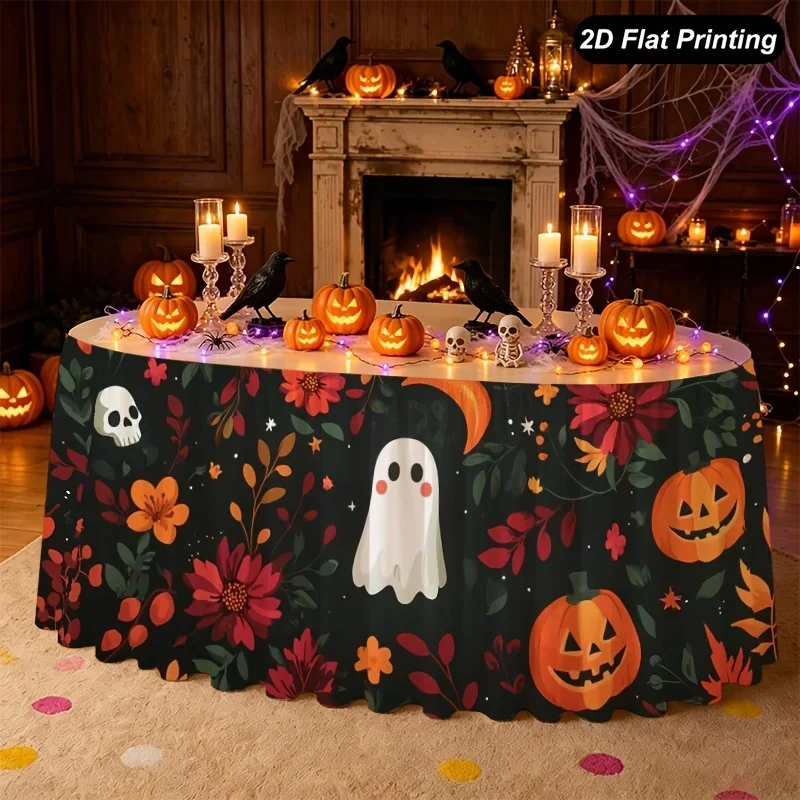 1pc Halloween table skirt, dark gray base with Halloween flower leaves and ghosts, autumn of Halloweenxzj