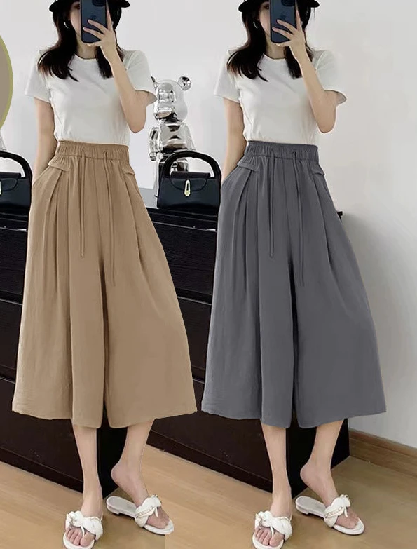 2024 Cotton Casual Wide Leg Pants Women High Waist Basic Loose Trousers Korean Retro Gray Office Lady Pants Small stature Z410