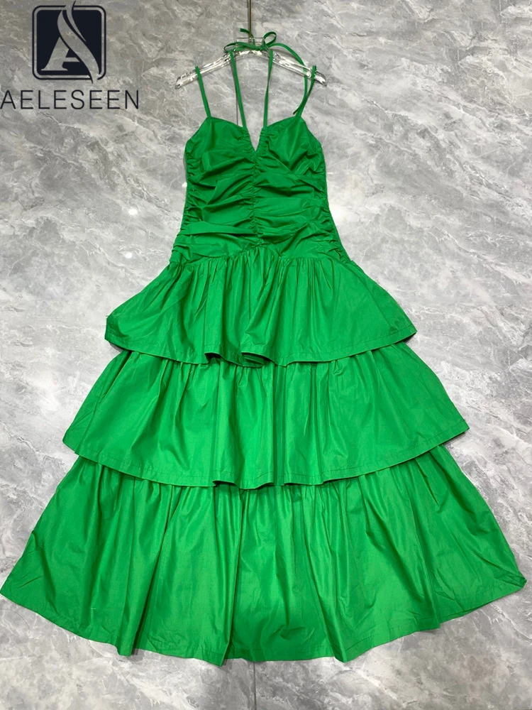 

AELESEEN Summer Long Beach Dress Women V-neck Design Fashion Halter Solid Green Pink Cascading Ruffle Elastic Casual Holiday