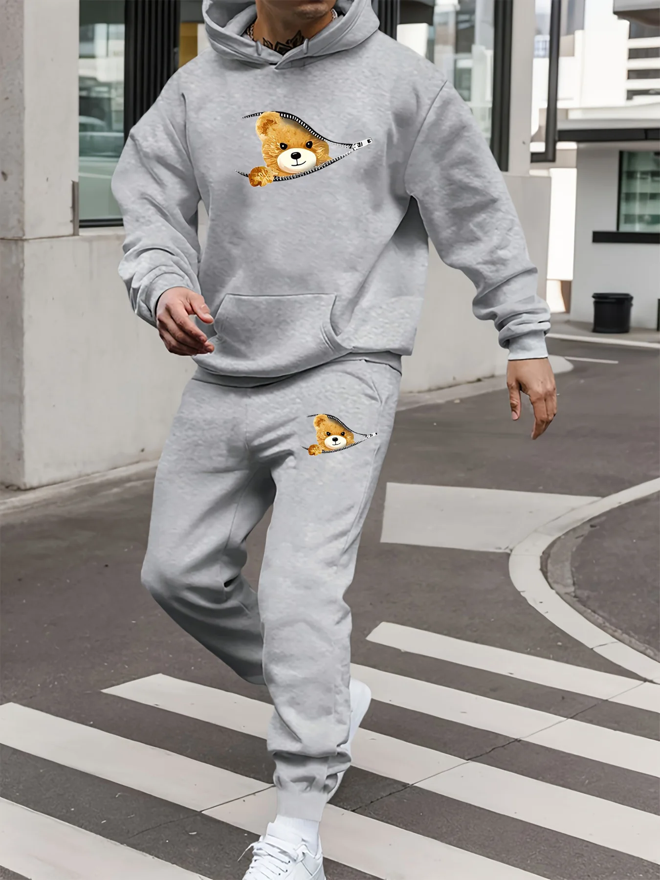 

Men's autumn and winter casual fashion warm bear zipper pattern print loose plush thick hooded sweatshirt+sweatpants set
